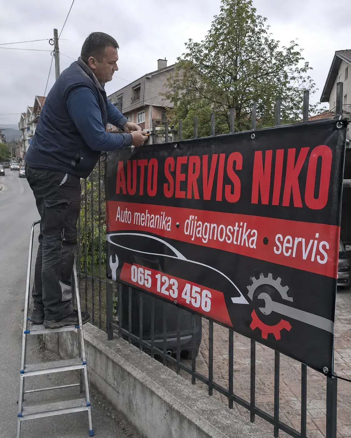 Montaža brendiranog bannera na ogradi sa eyeletima