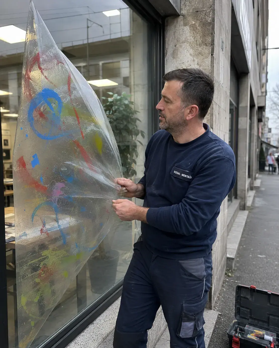 Radnik skida anti-grafit foliju sa lokala u ranojutarnjim satima