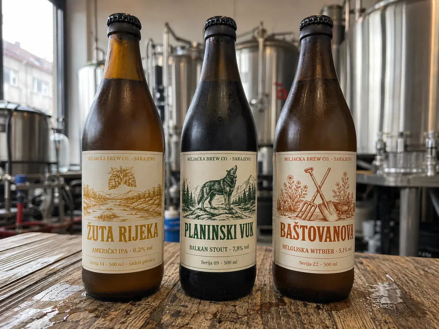 Tri boce zanatskog piva Miljacka Brew Co. — IPA, Stout i Witbier — sa konzistentnim brendingom u pivari