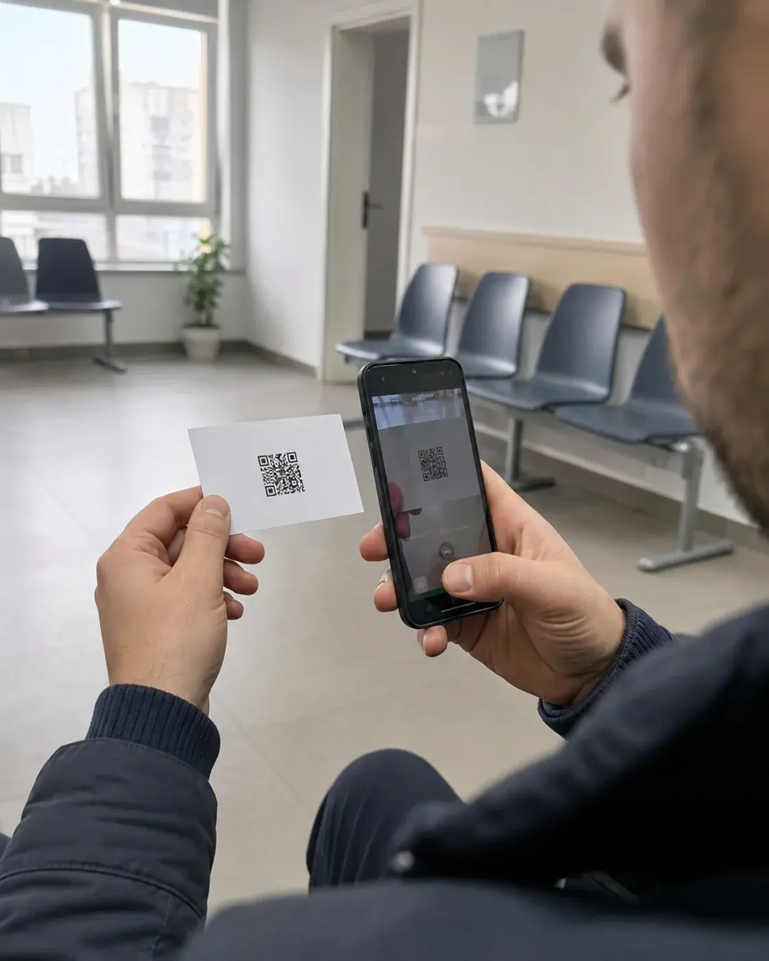 Pacijent skenira QR kod sa ordinacijske vizit karte u čekaonici