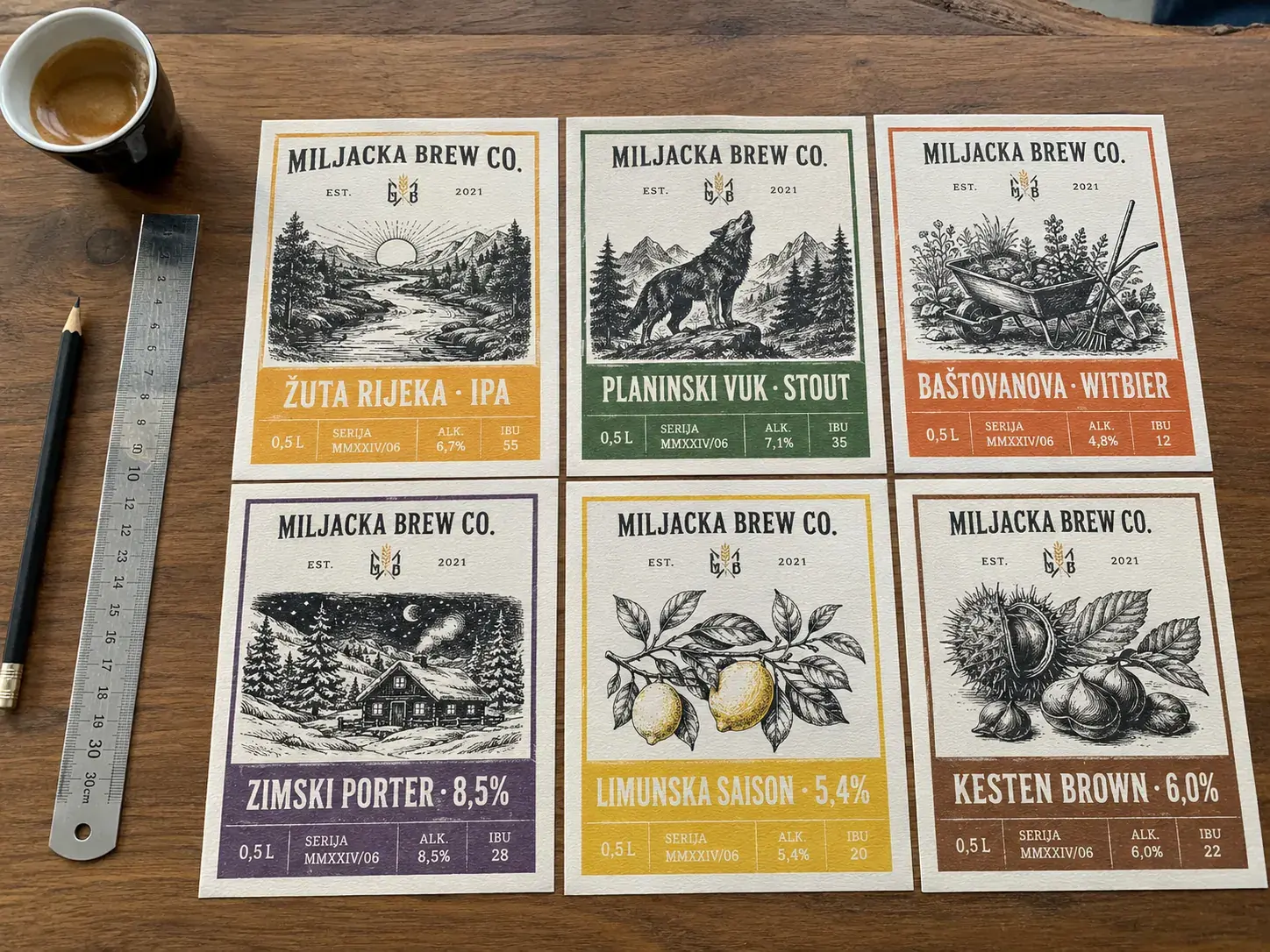 Šest etiketa Miljacka Brew Co. u istom sistemu sa različitim pivima i bojama